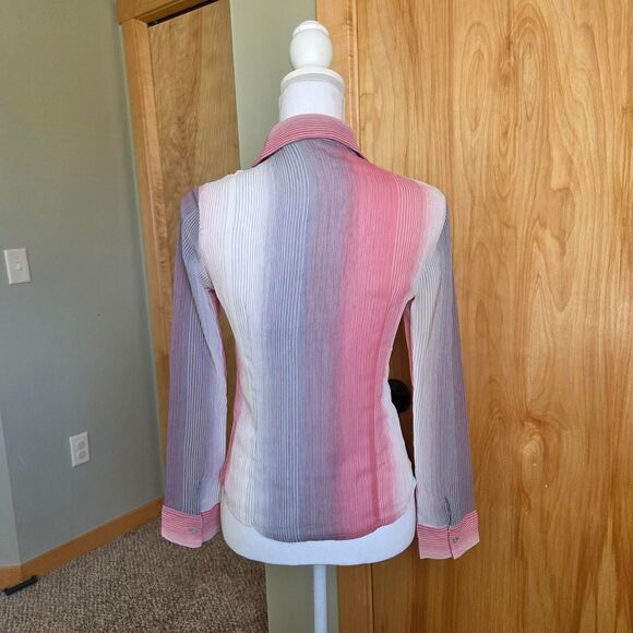 vintage y2k Espada semi sheer chiffon pink and grey striped collared blouse top - Picture 2 of 3